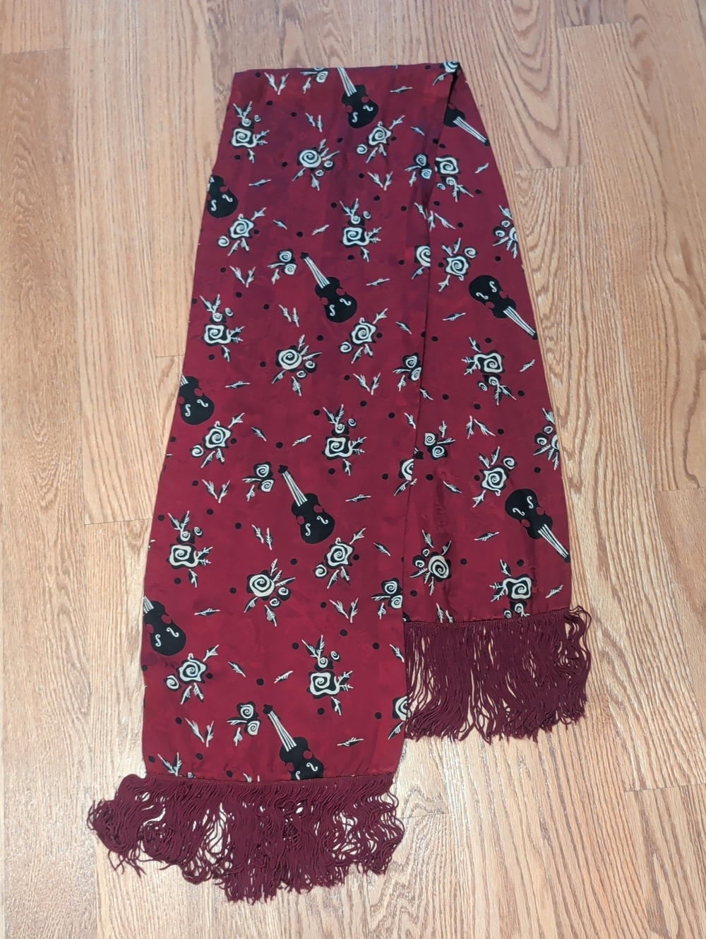 Luxury Burgundy Floral Guitar Print Fringe Scarf
